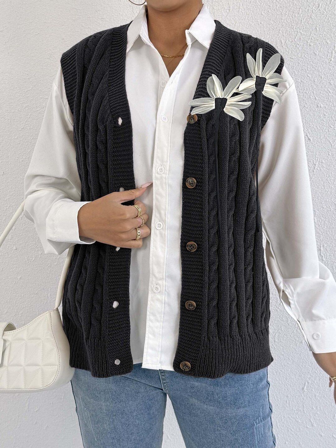 Women Cable Knit Ribbed Sweater Vest with Embellished Detail