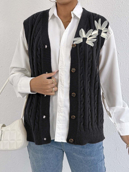 Women Cable Knit Ribbed Sweater Vest with Embellished Detail