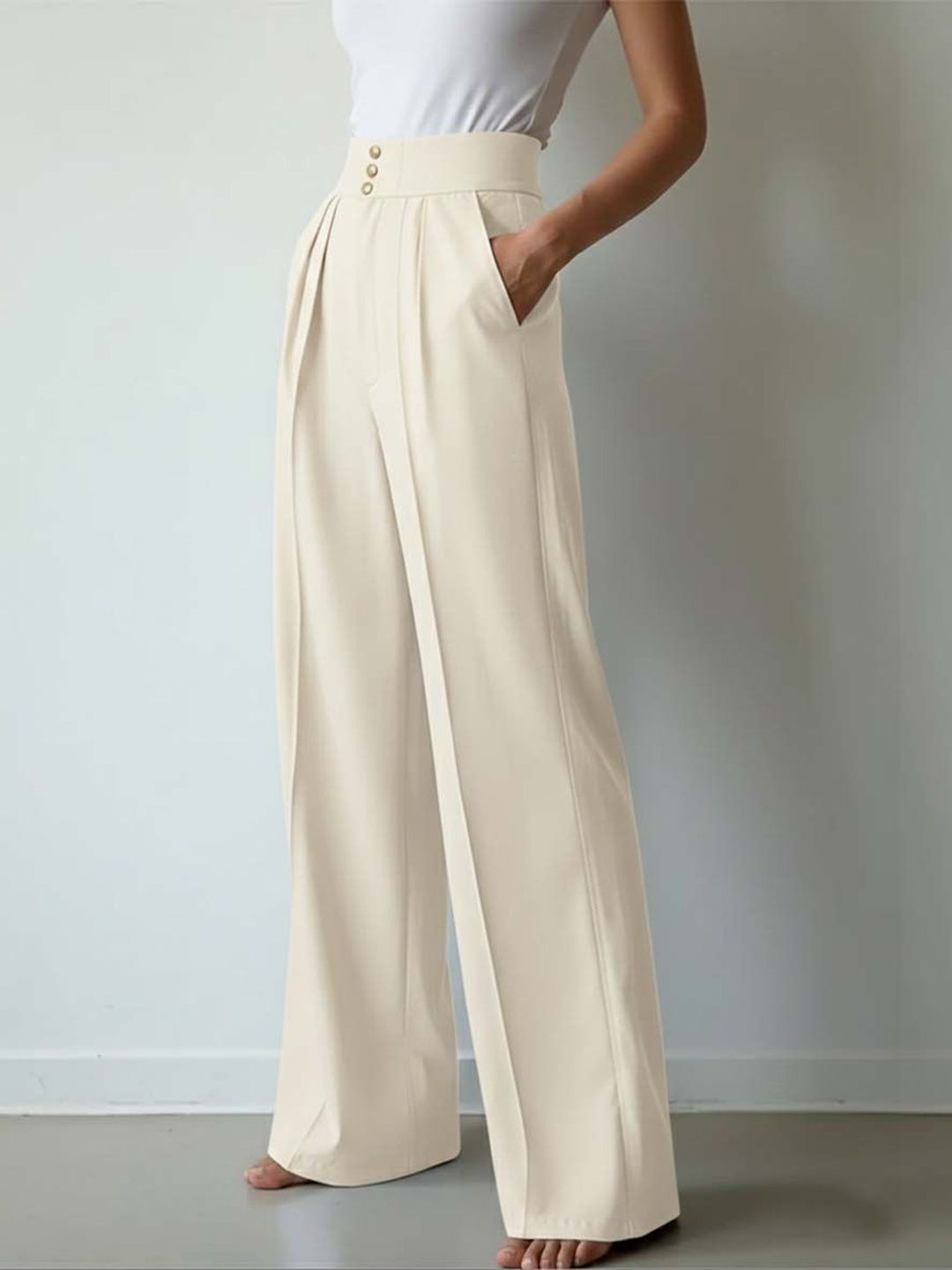 Women Straight Fit High-Rise Wrinkle Free Pleated Trousers