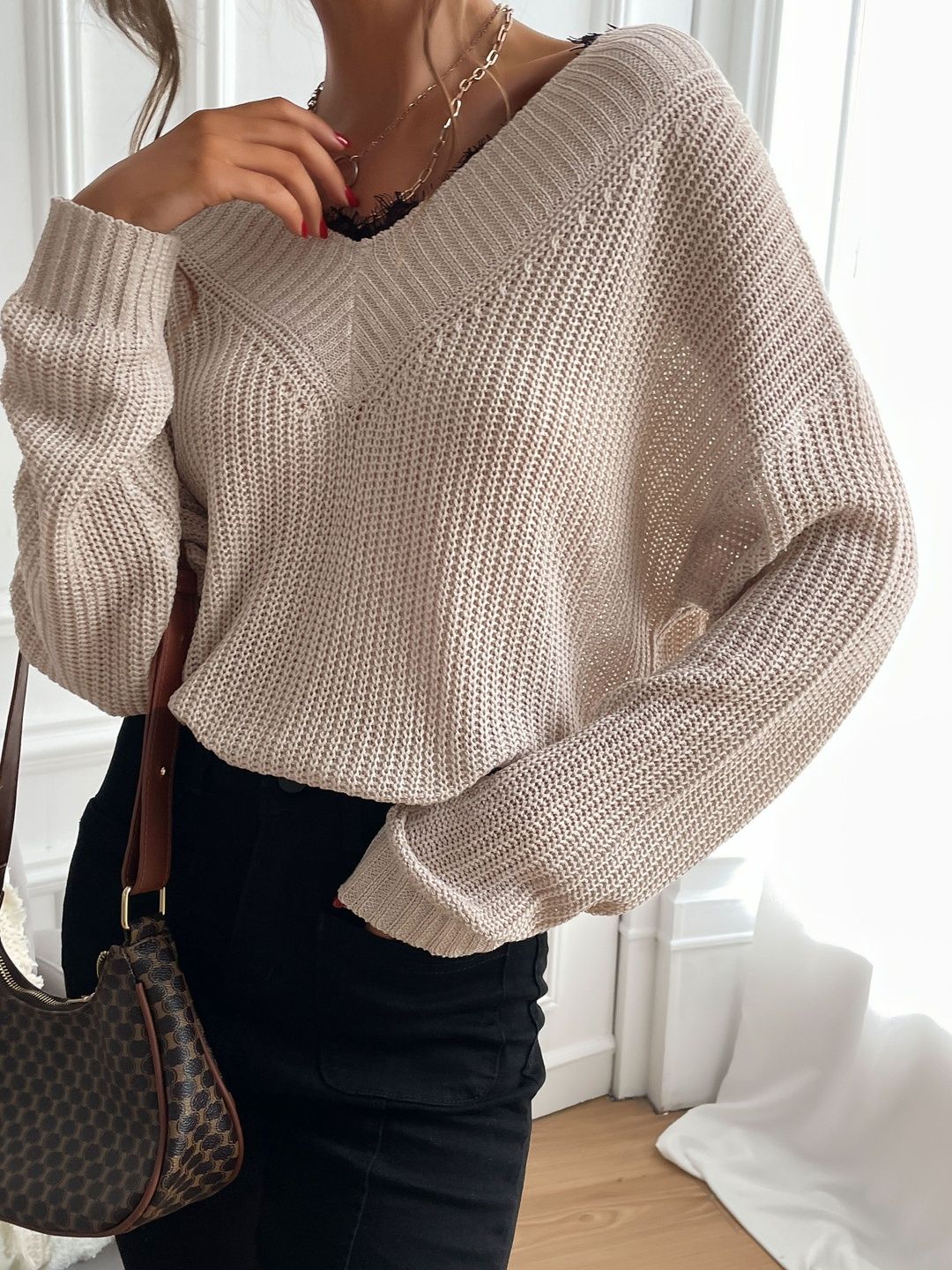 Women's Beige Ribbed Pullover Blend Printed Regular Fit