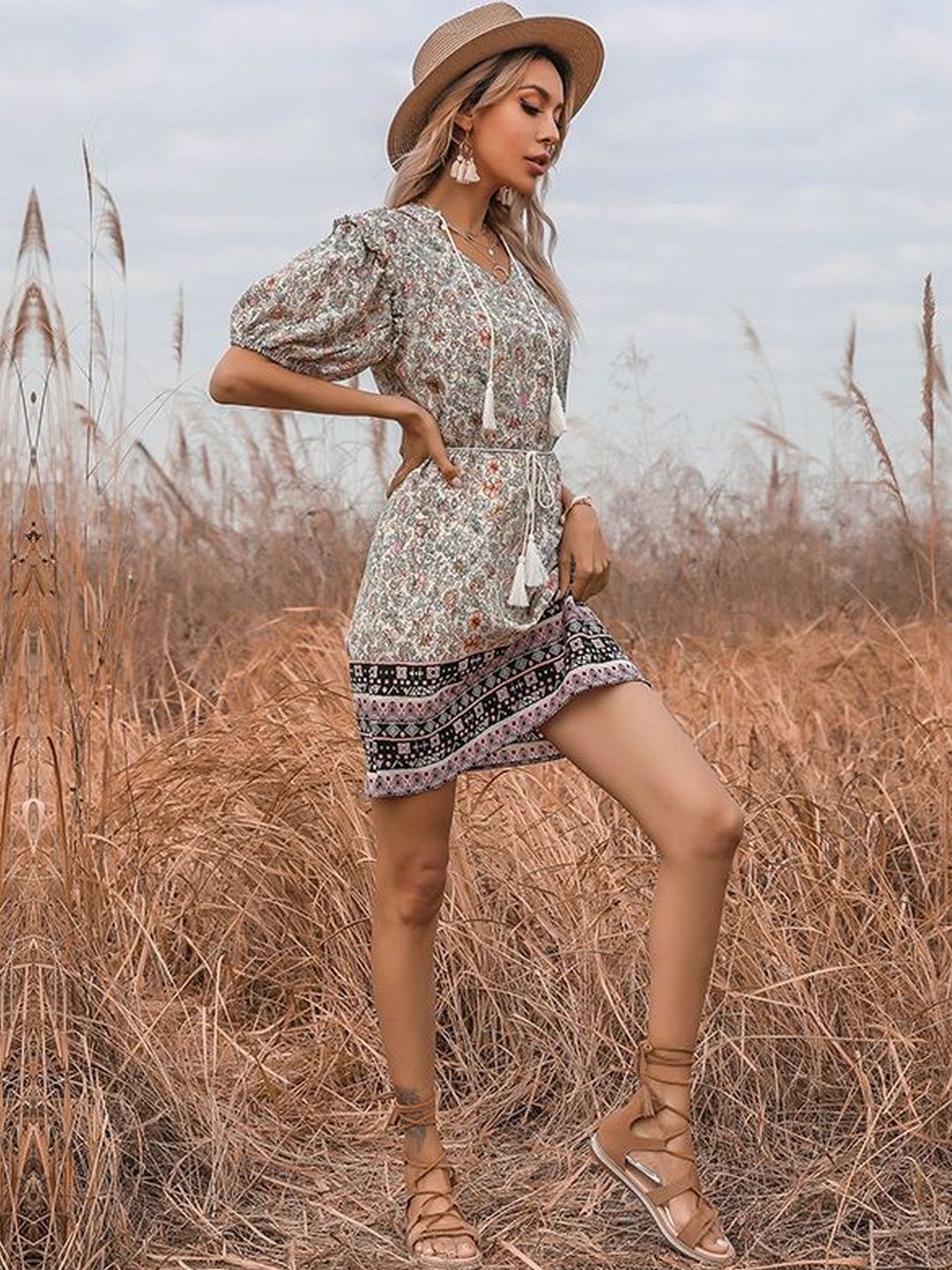 Floral Print Puff Sleeve A-Line Mini Dress