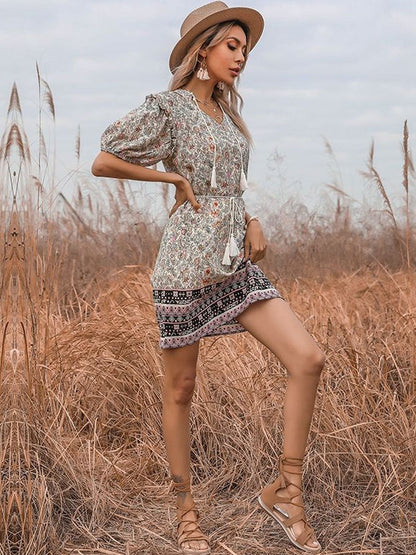 Floral Print Puff Sleeve A-Line Mini Dress