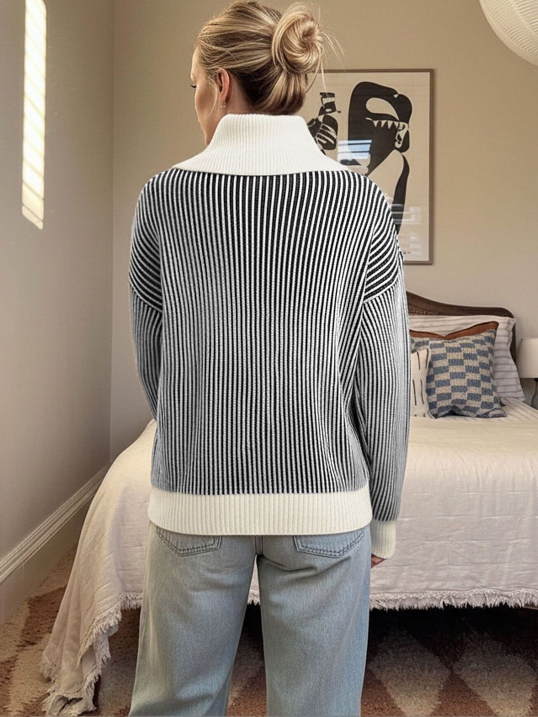 Women's Black Striped Pullover With Contrast Collar