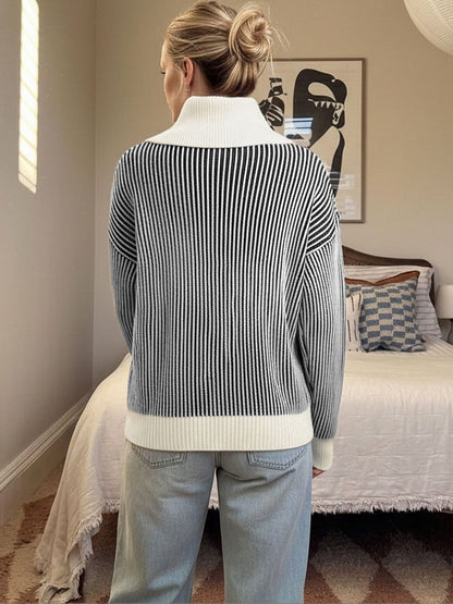 Women's Black Striped Pullover With Contrast Collar