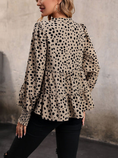 Women's Beige Animal Print Bishop Sleeves Peplum Top