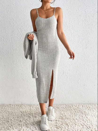 Grey Striped Co-ord Set with Sweater and Skirt