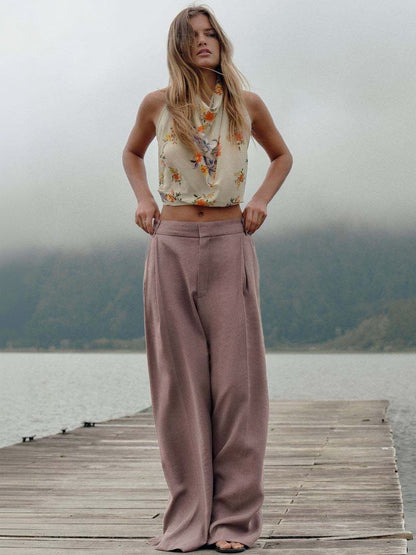 Pleated Trousers in Pink polyester - Nowi Korean Fashion