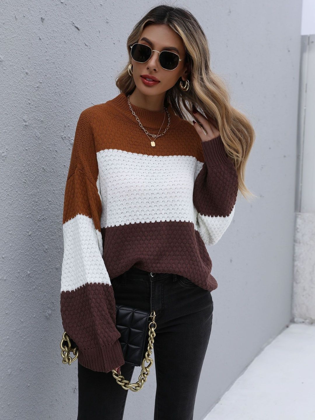 Women's Brown Colourblocked Pullover Blend Printed