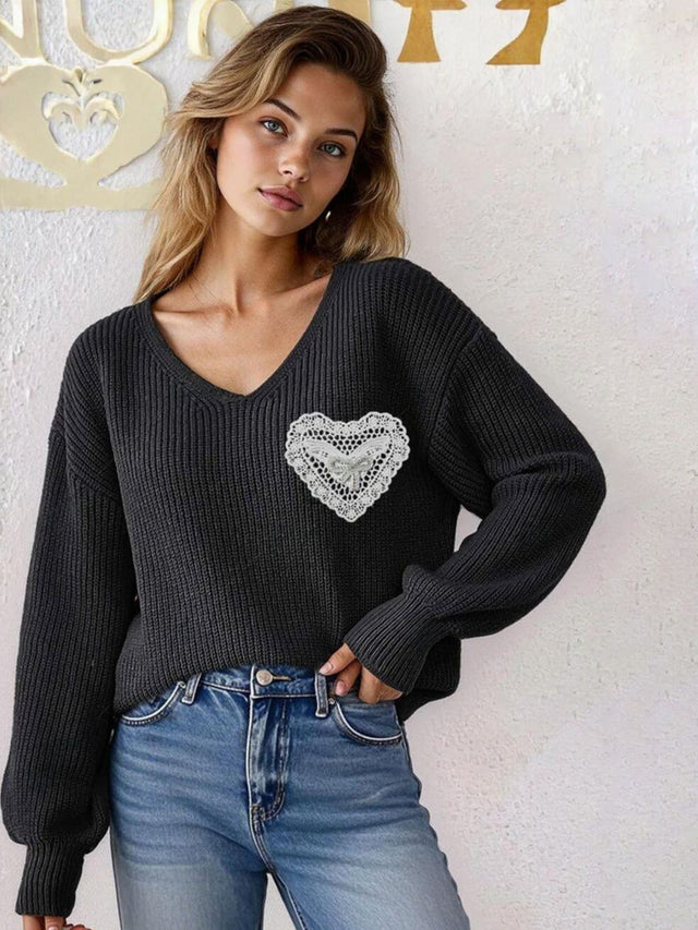 Ribbed Pullover with Embroidered Detail in Grey acrylic - Nowi Korean Fashion