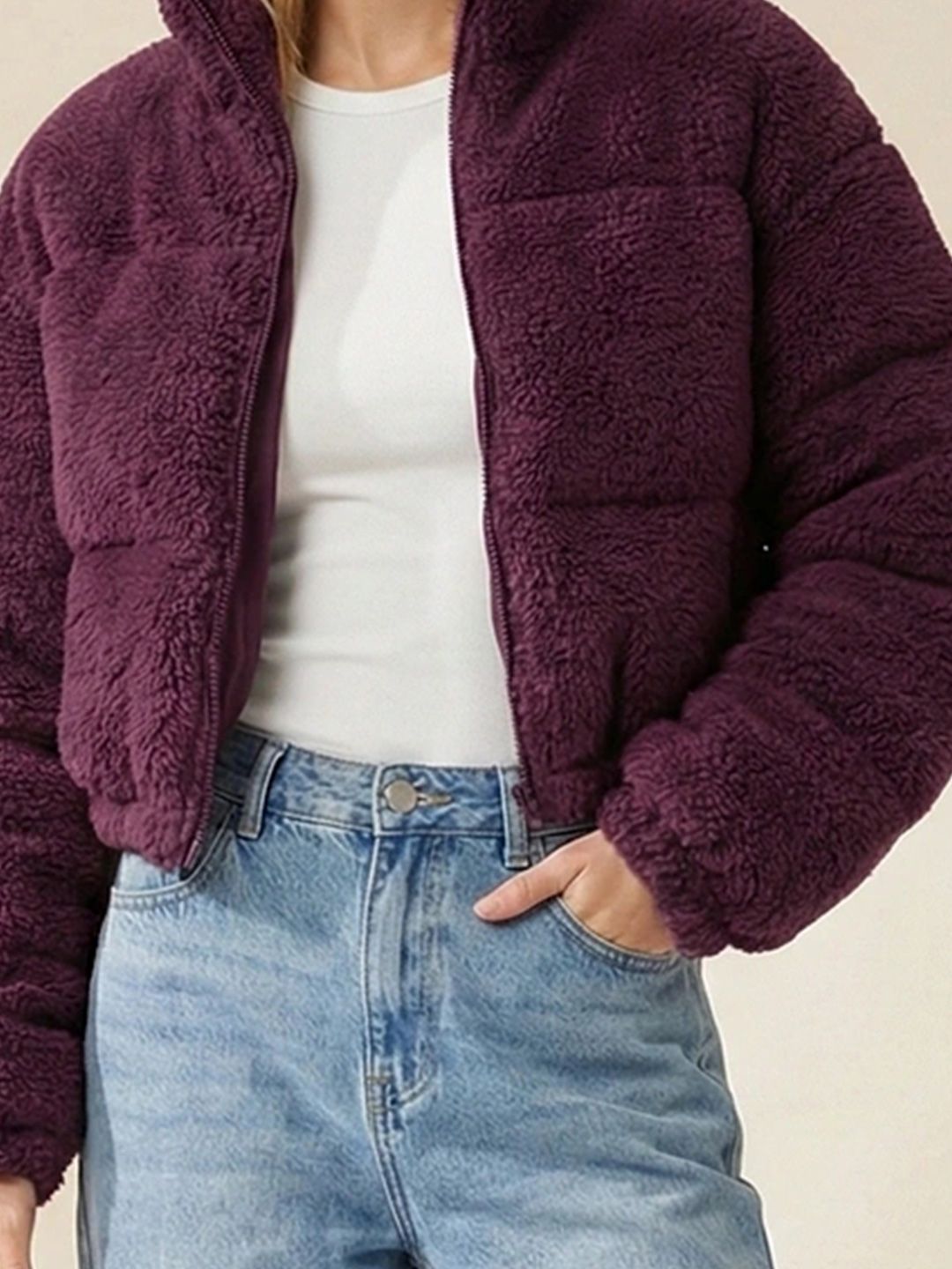 NOWI Women Woollen Crop Puffer Jacket