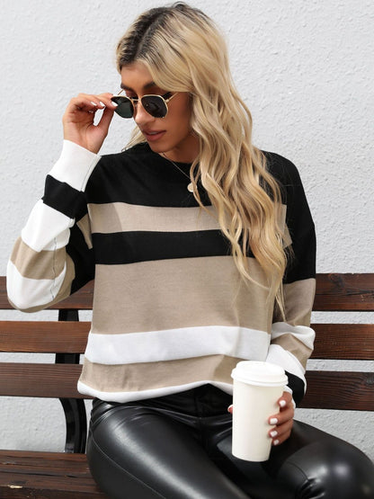 Women's Black Striped Pullover Blend Regular Fit