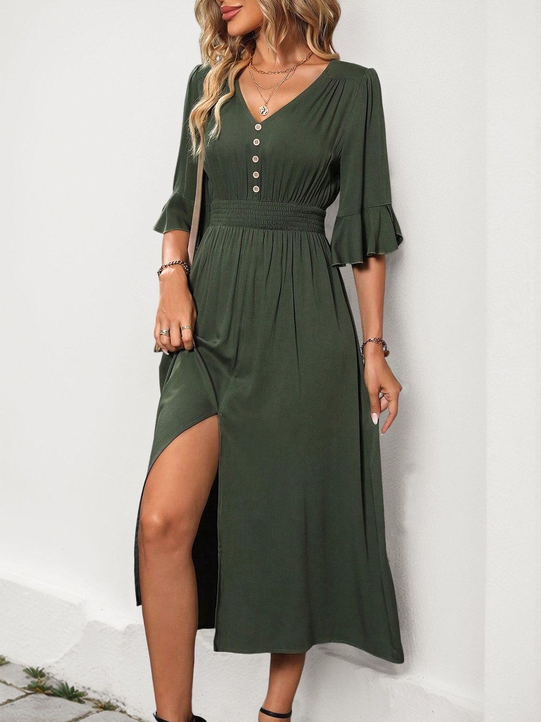 Flared Sleeve A-Line Midi Dress