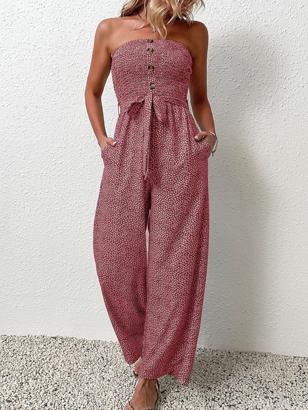 Off-Shoulder Printed Basic Jumpsuit
