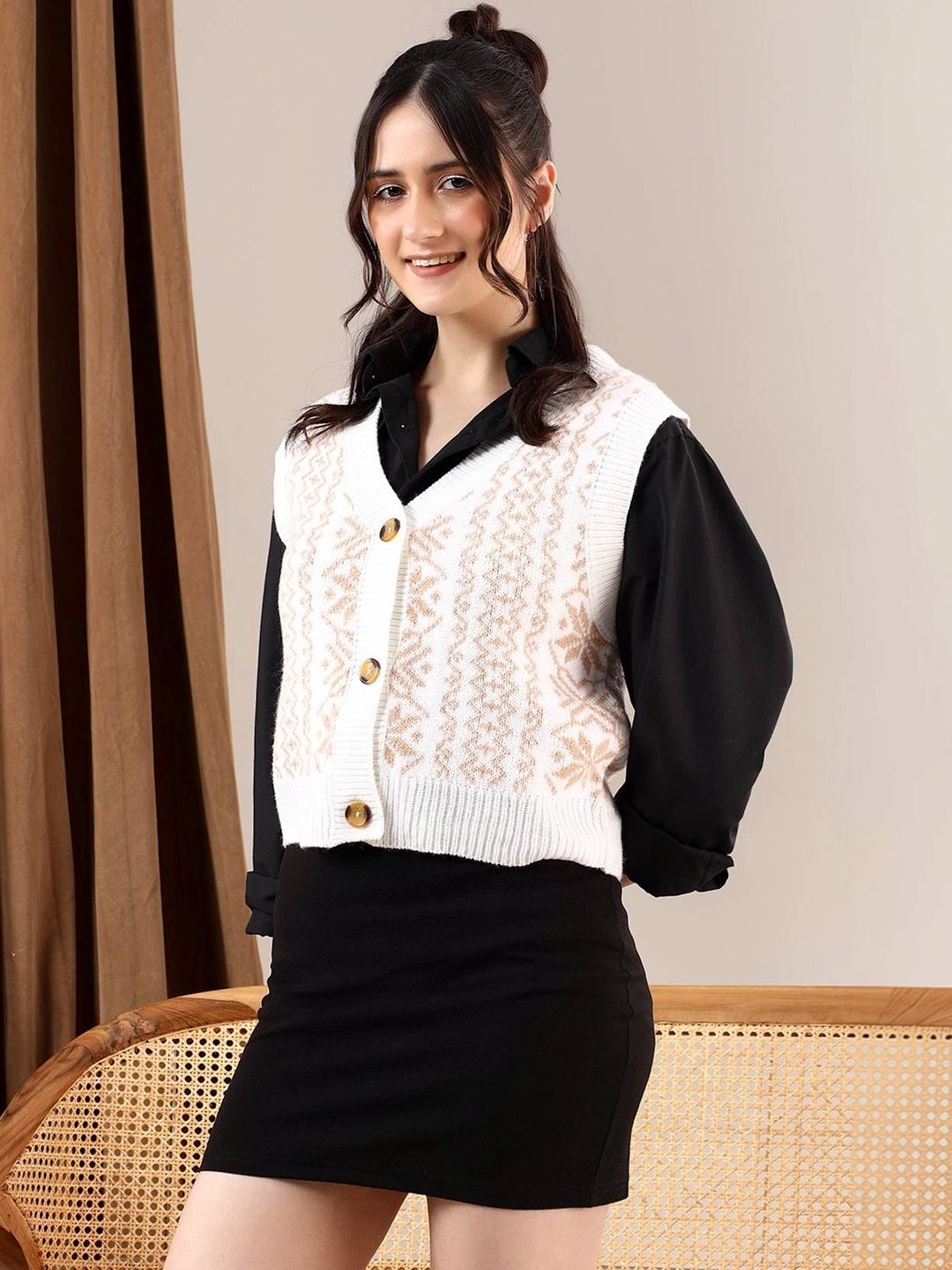 NOWI Women Fair Isle Printed Woollen Crop Sweater Vest