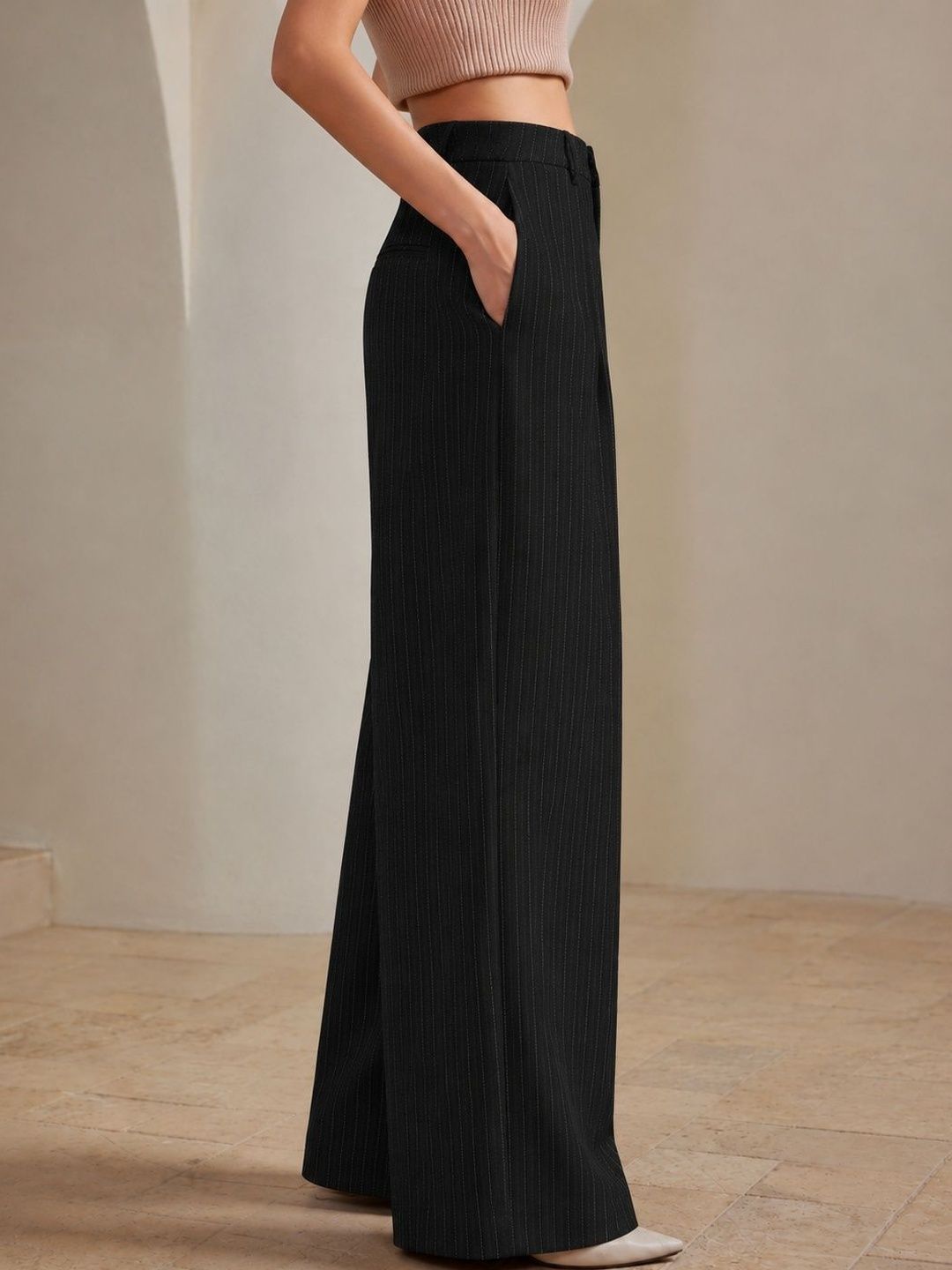 Women Striped Relaxed High-Rise Pleated Trousers