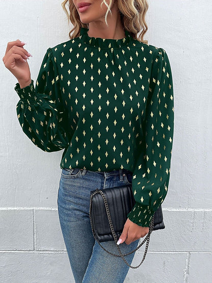 Women's Green Geometric Print Puff Sleeve Ruffles Top
