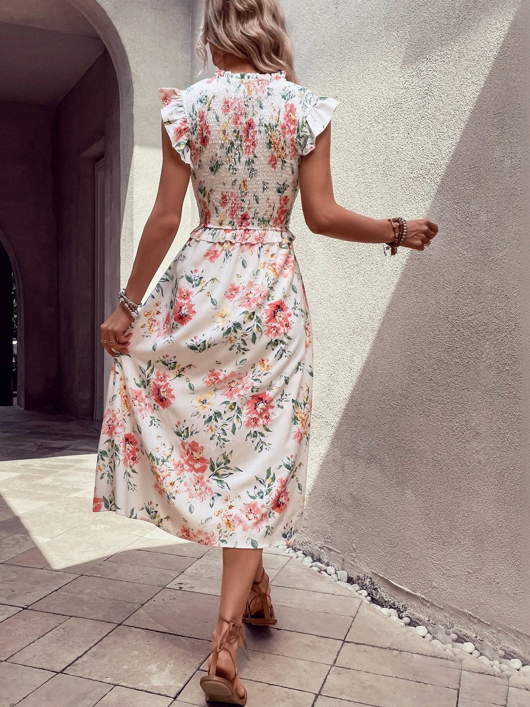 Floral Print Flutter Sleeve A-Line Midi Dress