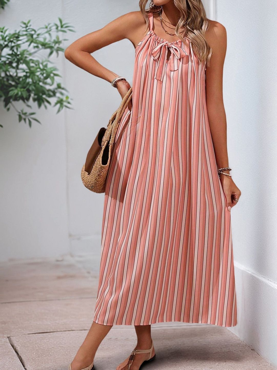 Striped Tie-Up Neck Midi Dress