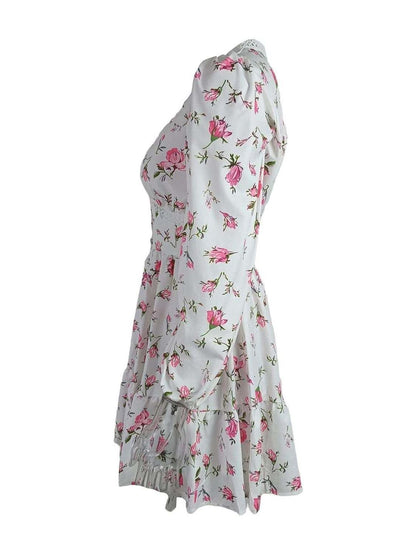 Floral Print Puff Sleeve Ruffled Fit & Flare Mini Dress