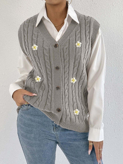 Women Cable Knit Sweater Vest with Embroidered Detail