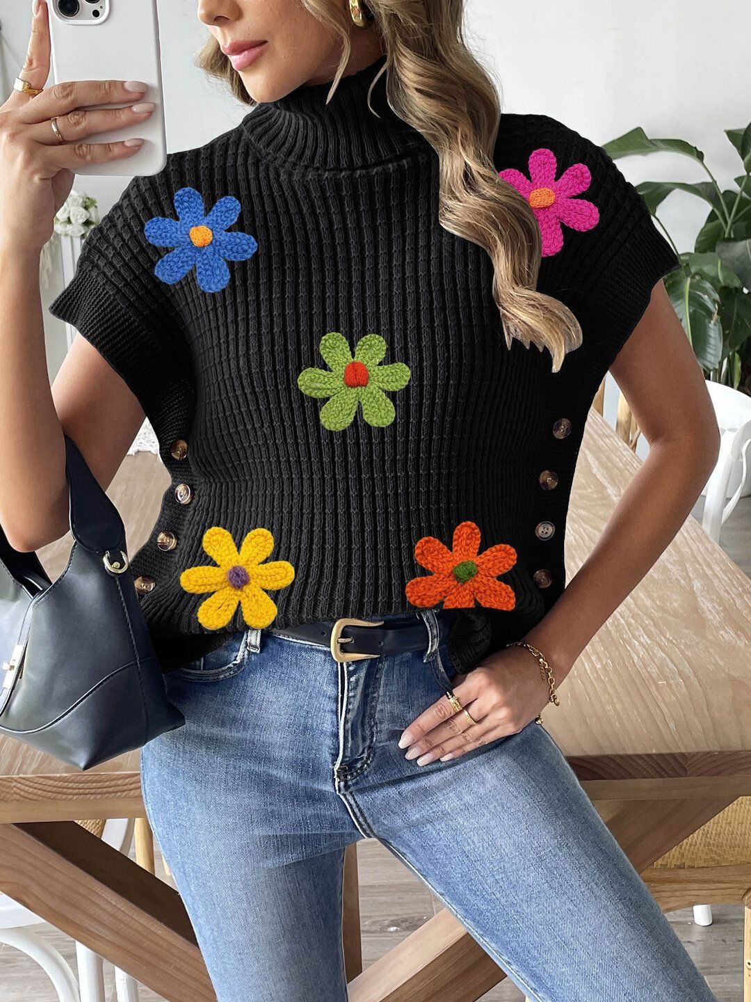 Women Colourblocked Ribbed Pullover with Applique Detail