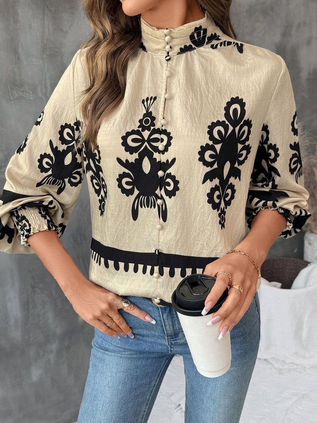 Print Bishop Sleeves Ethnic Cotton Top in Beige - Nowi Korean Fashion