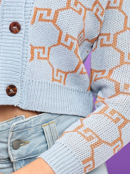 Women Printed Woollen Crop Cardigan