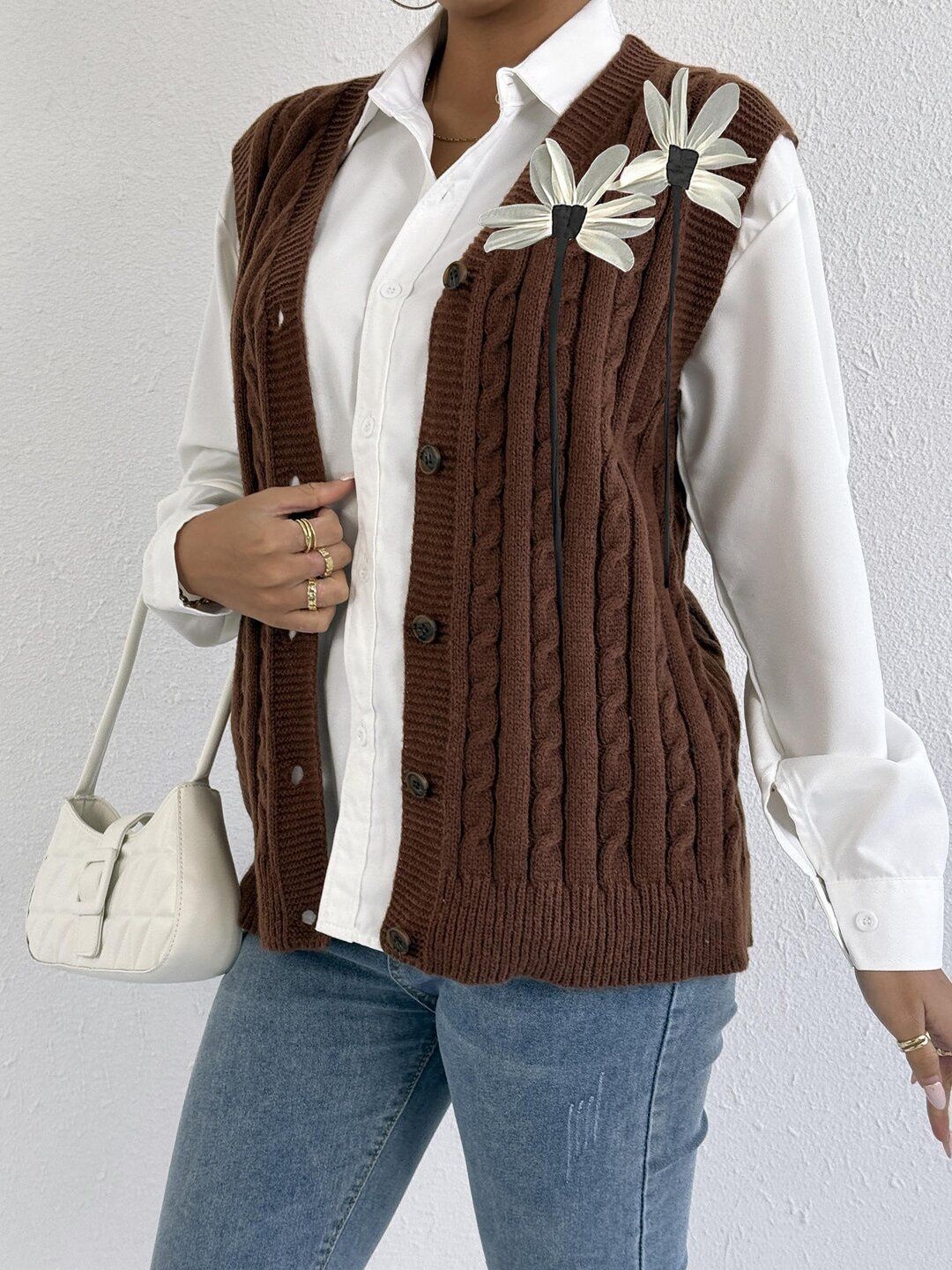 Women Cable Knit Sweater Vest with Embellished Detail