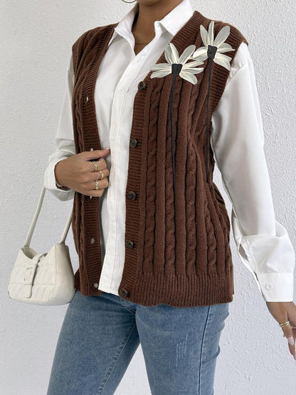 Women Cable Knit Sweater Vest with Embellished Detail
