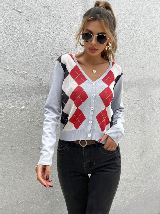 Women Argyle Checked Cardigan