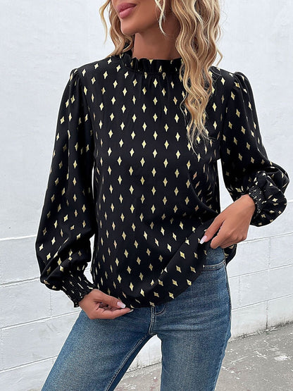 Women's Black Geometric Print Bishop Sleeves Top
