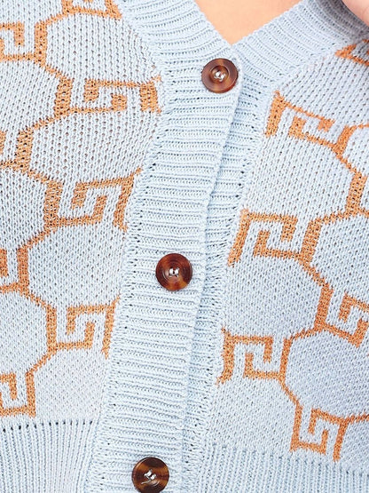 Women Printed Woollen Crop Cardigan