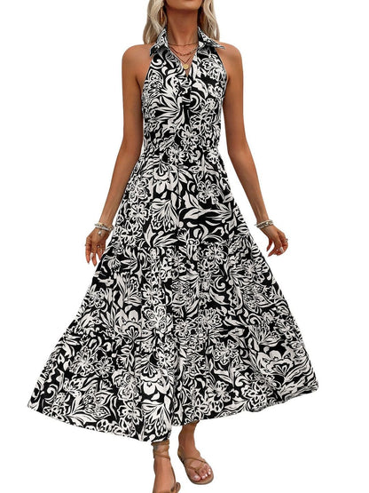 Floral Print Halter Neck A-Line Maxi Dress