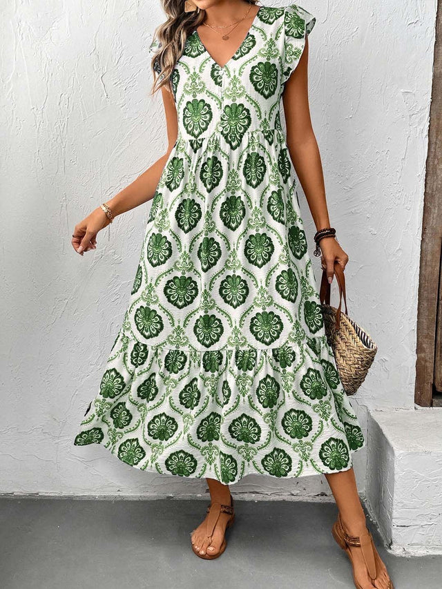 Bohemian Ethnic Motif Flutter Sleeve Midi Dress in White Printed - Nowi Korean Fashion