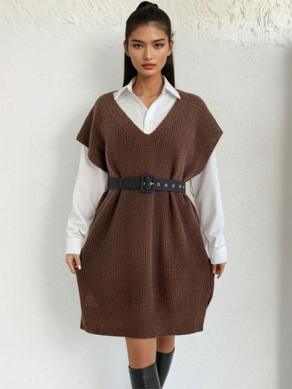 Ribbed Sweater Vest in Brown acrylic Style 361 - Nowi Korean Fashion