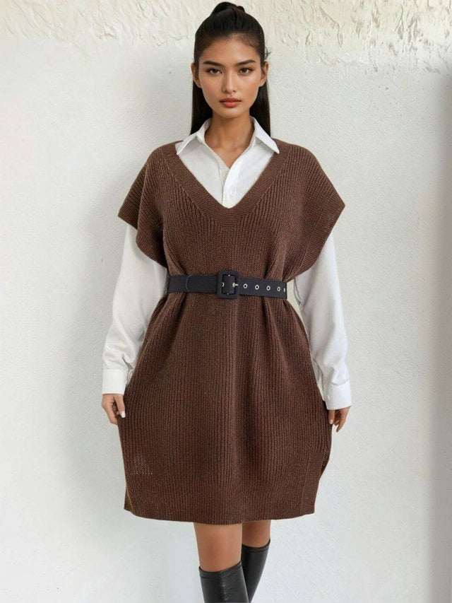 Ribbed Sweater Vest in Brown acrylic Style 361 - Nowi Korean Fashion