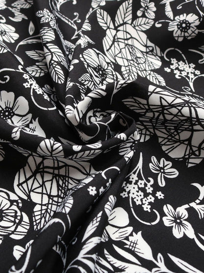 Women's Black Floral Print Bishop Sleeve Midi Dress