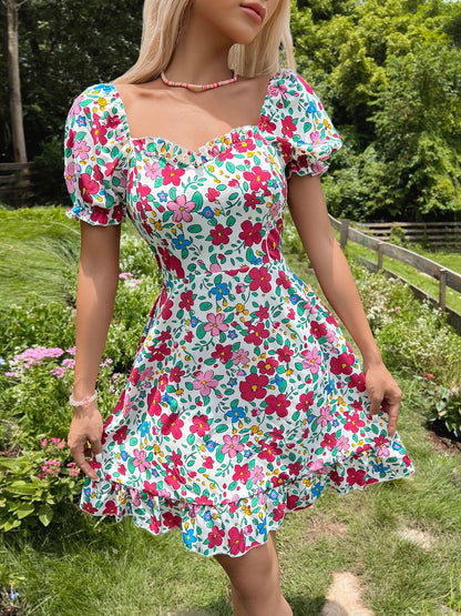 Floral Print Puff Sleeve Ruffled Fit & Flare Dress