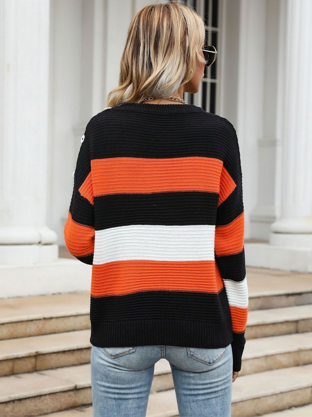 Women's Orange Striped Pullover Blend Regular Fit