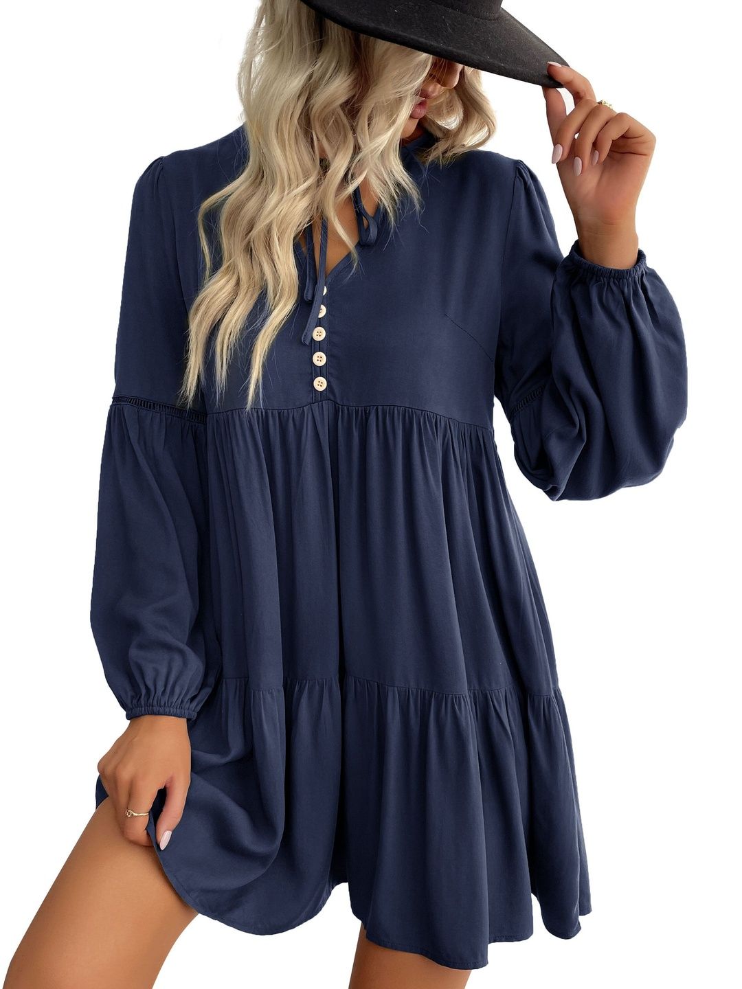 Women's Blue Nowi Puff Sleeve A-Line Dress
