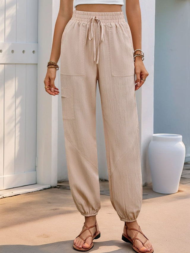 Textured Non Iron Cargos Trousers in Beige cotton - Nowi Korean Fashion