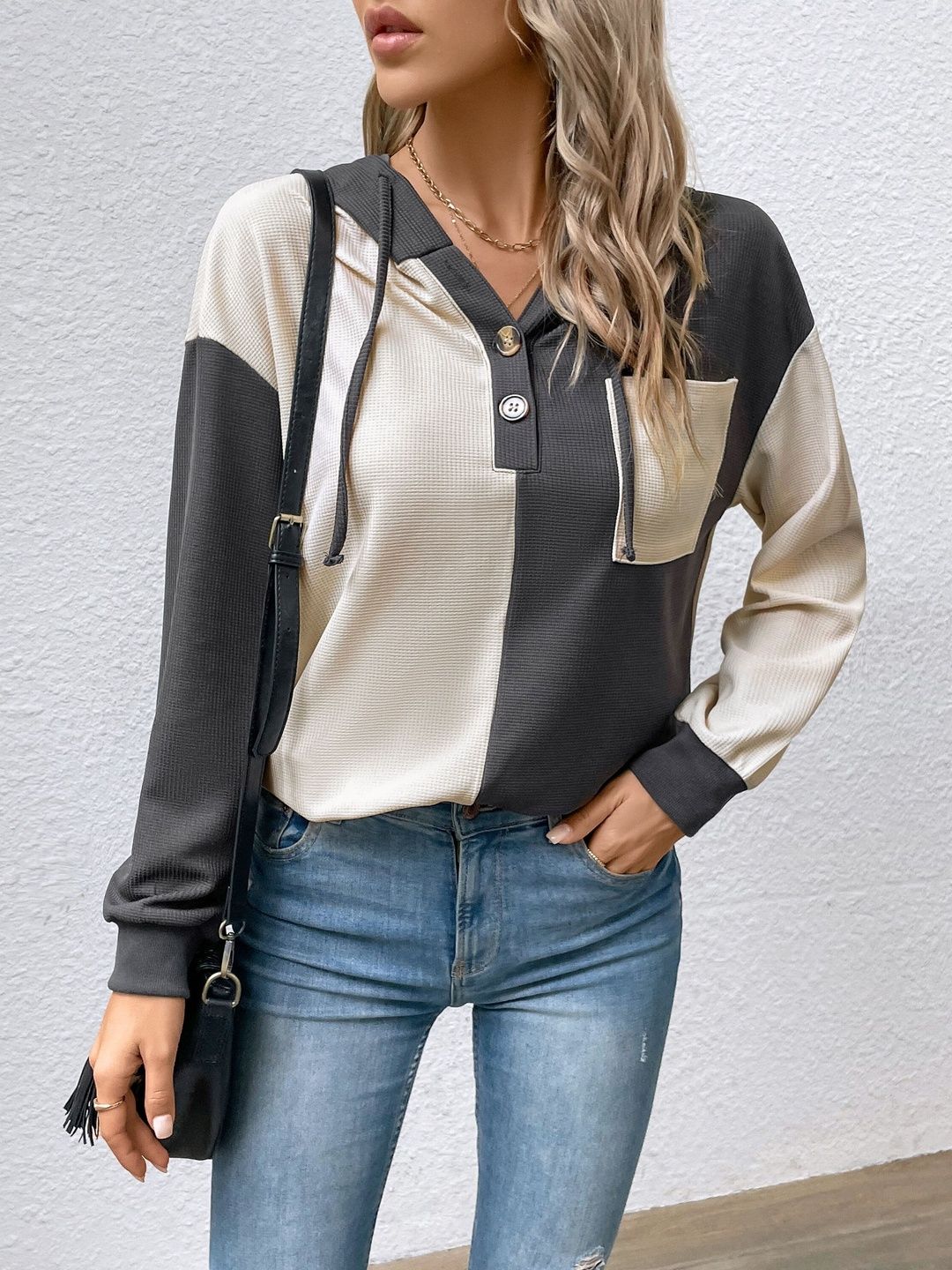 Colourblocked Hooded Sweatshirt in Grey Cotton Long Sleeve - Nowi Korean Fashion