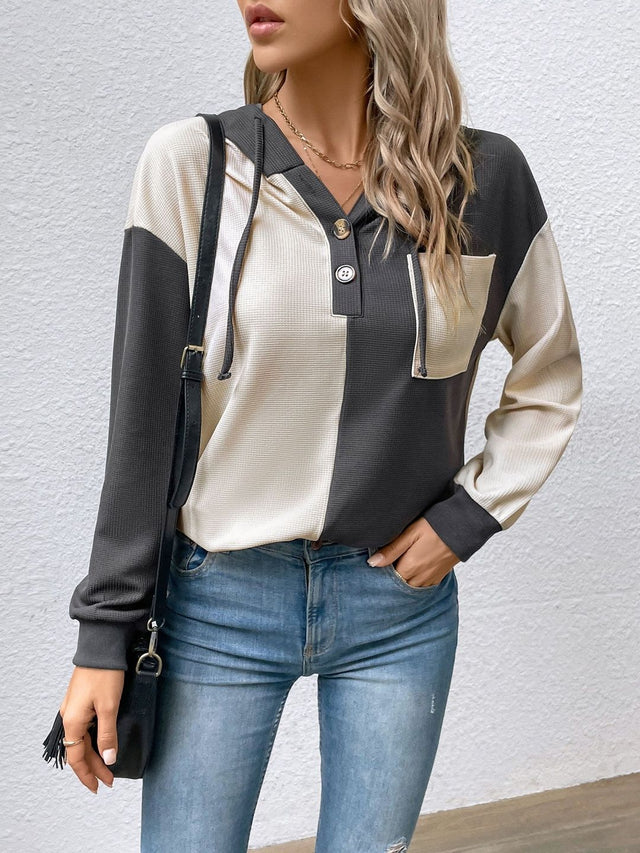Colourblocked Hooded Sweatshirt in Grey Cotton Long Sleeve - Nowi Korean Fashion