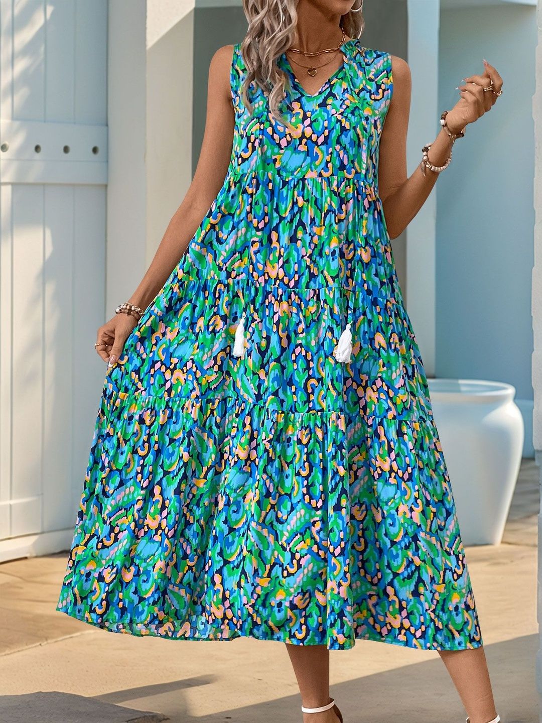 Print A-Line Midi Dress Printed Style 428 - Nowi Korean Fashion