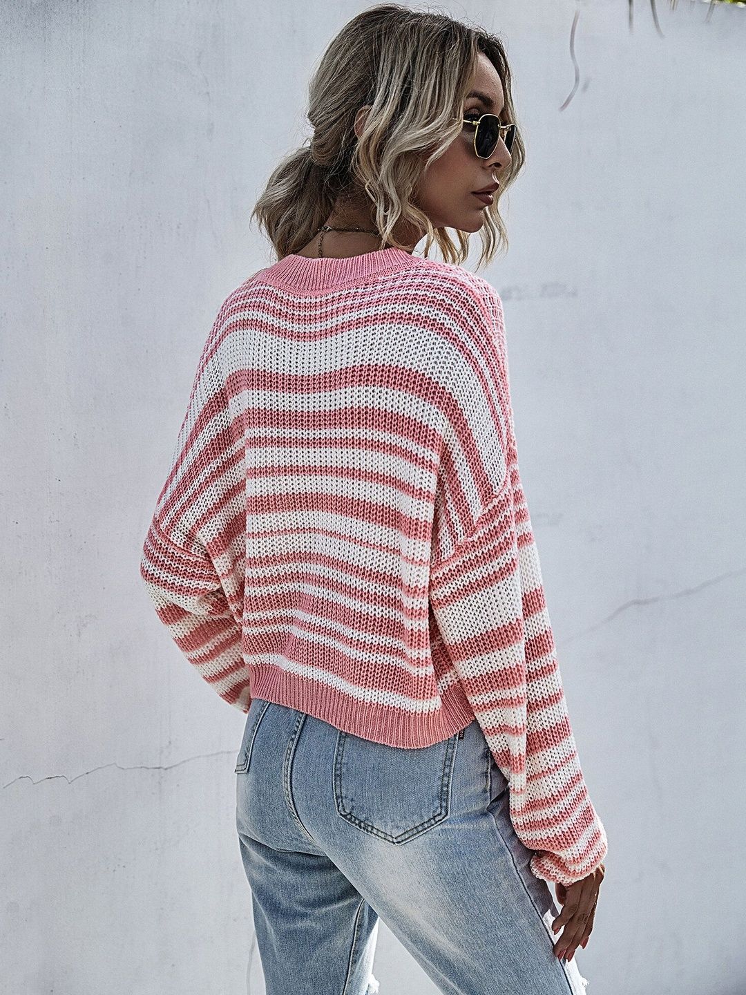 Women's Pink Striped Ribbed Crop Pullover