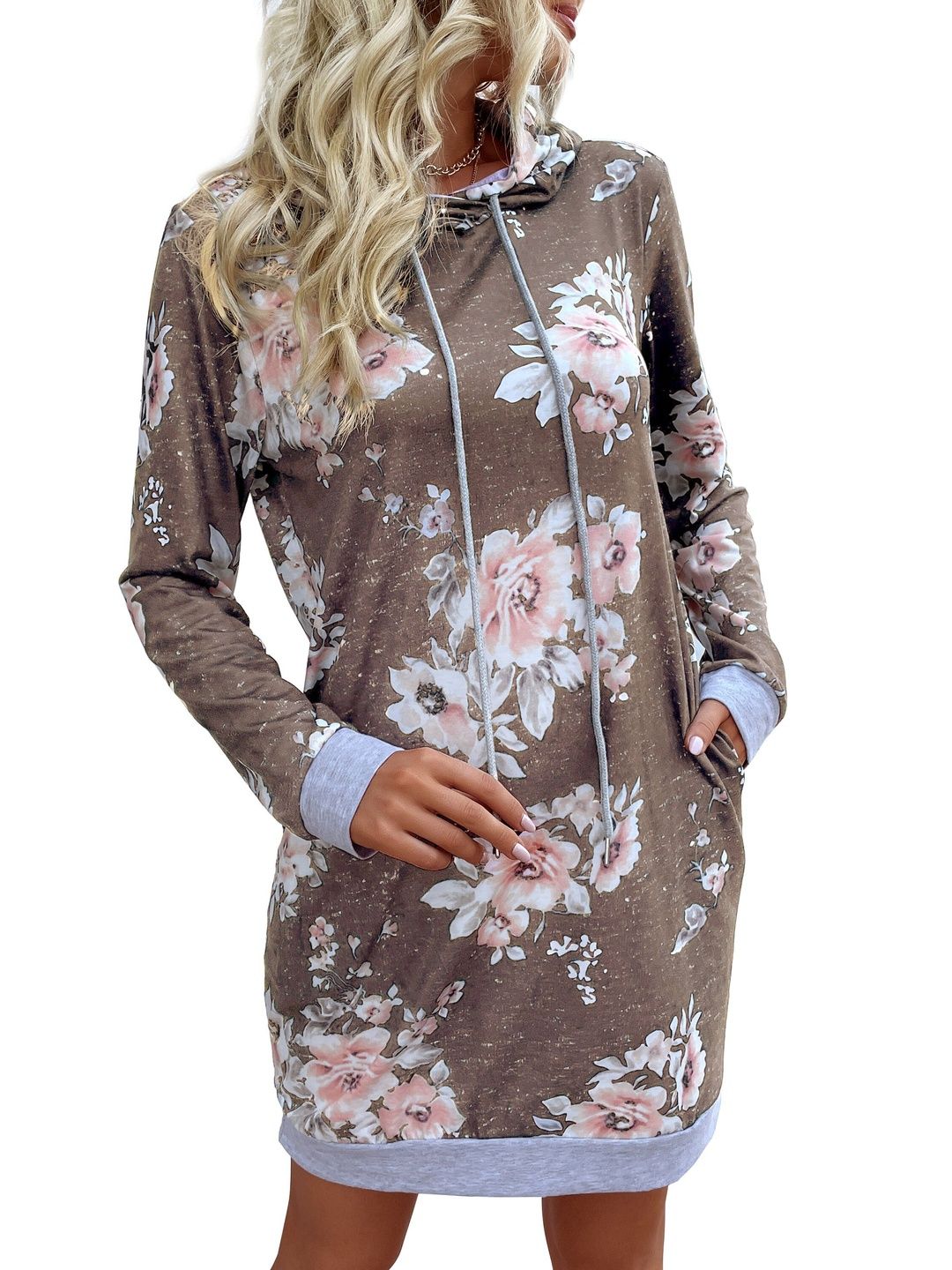 Printed Hooded Sweatshirt in Brown Cotton - Nowi Korean Fashion