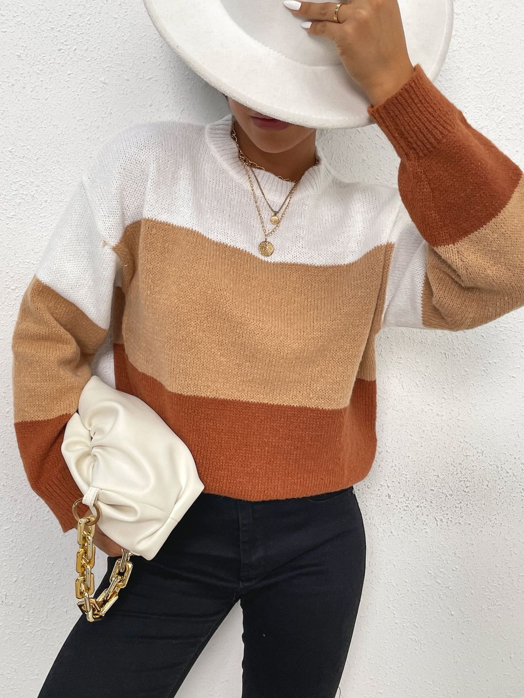 Women's Brown Colourblocked Pullover Blend Printed