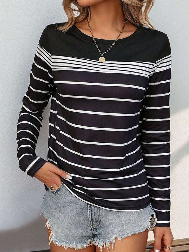 Striped T-shirt in Black Cotton Long Sleeve - Nowi Korean Fashion