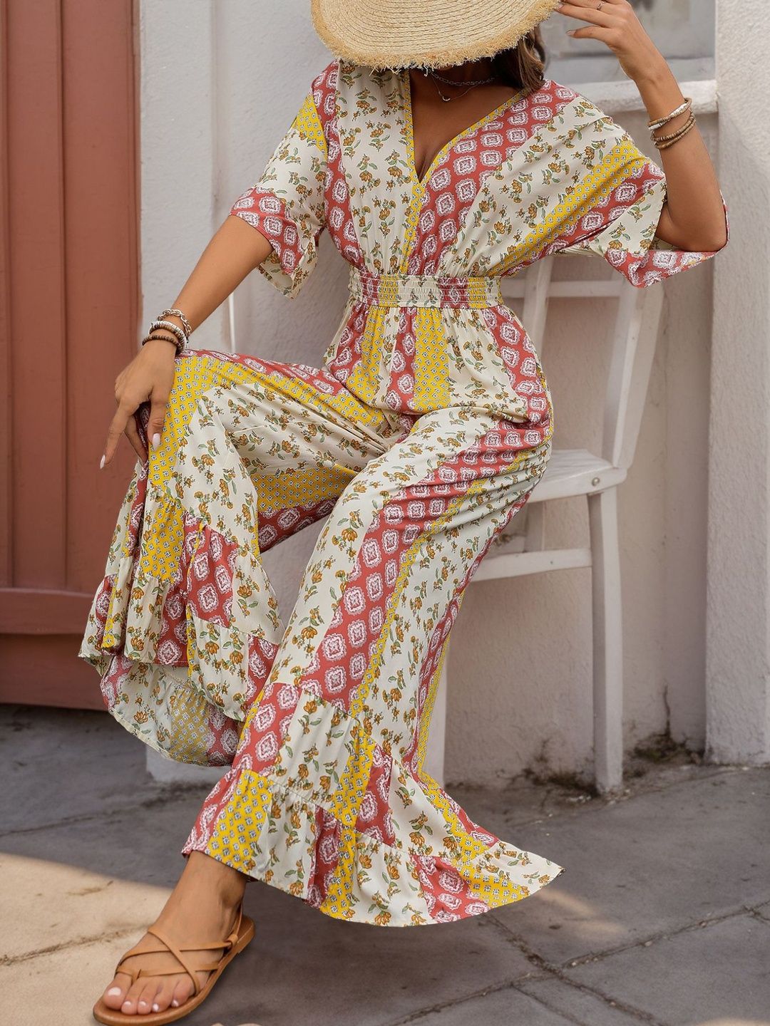 Printed Basic Jumpsuit with Ruffles