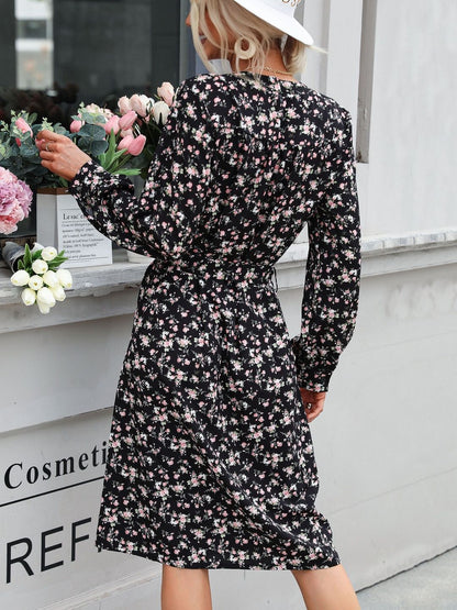 Women's Black Floral Print Shirt Midi Dress